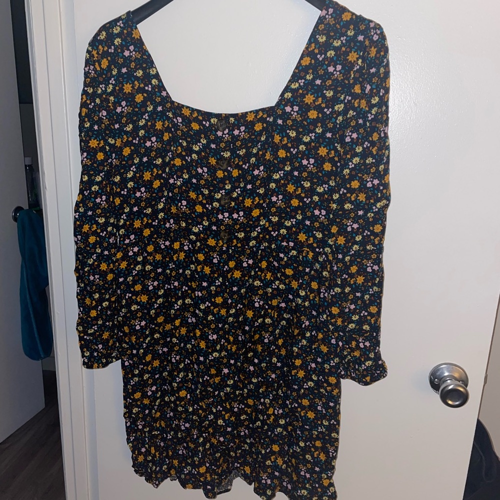 Floral Square Neck Long Sleeve Dress